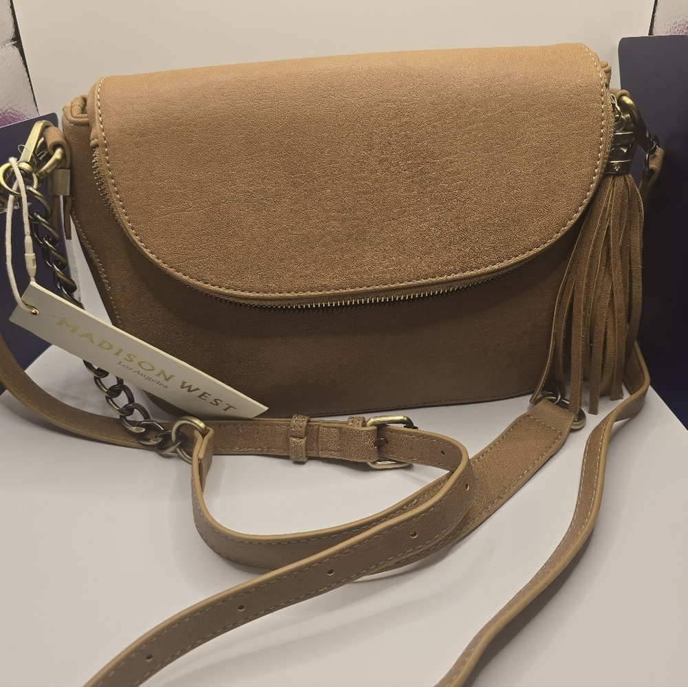 Madison West Camel Purse NWT Handbag Chain Shoulder Bag Tassel Flap Zip